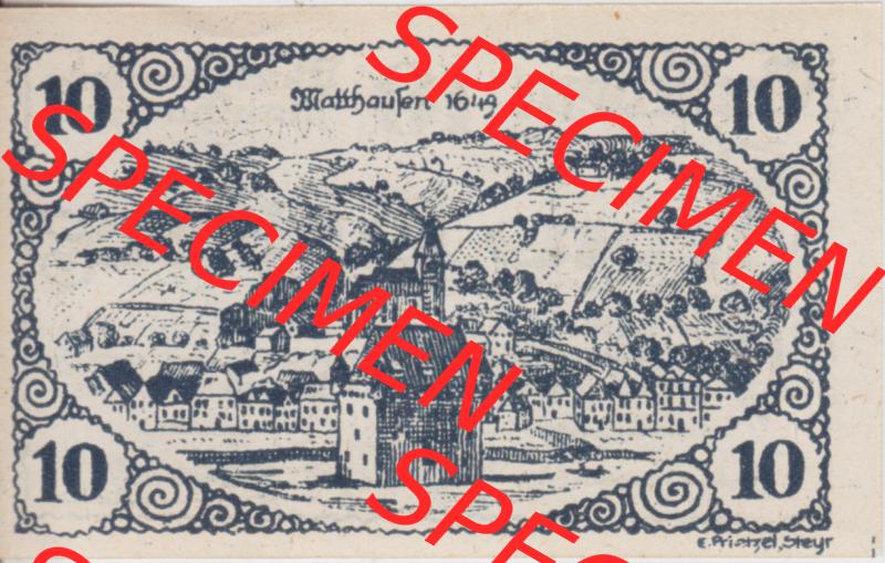 Notgeldscheine Oberösterreich Mauthausen 10 Heller II. Vorderseite des oberösterreichischen Notgeldscheins im online Katalog auf EMBMV zum katalogisieren der eigenen Notgeld-Sammlung Oberösterreich... Sammlung