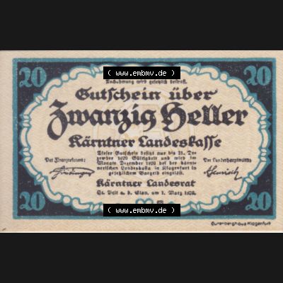 Notgeldscheine Kärnten Kärntner Landeskasse 1920, 20 Heller. Vorderseite des Notgeldscheins im online Katalog auf EMBMV zum katalogisieren der eigenen Sammlung für private Sammler... Sammlung