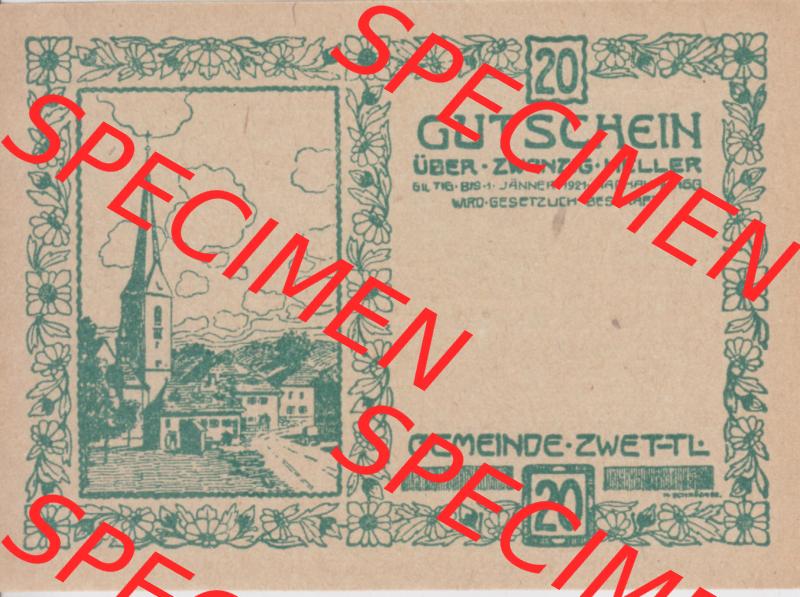 Notgeldscheine Oberösterreich Zwettl Mühlkreis 1920-1921, 20 Heller grün (1). Notgeld Oberösterreich Gemeinde Zwettl Mühlkreis, Notgeldscheine aus... Sammlung