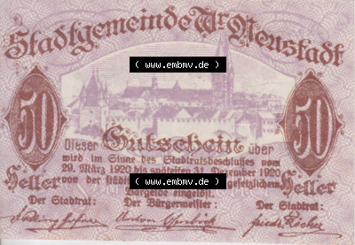 Notgeldscheine Niederösterreich Wiener-Neustadt, Stadt-Gemeinde 1920, 50 Heller. Vorderseite des Notgeldscheins im online Katalog... Sammlung