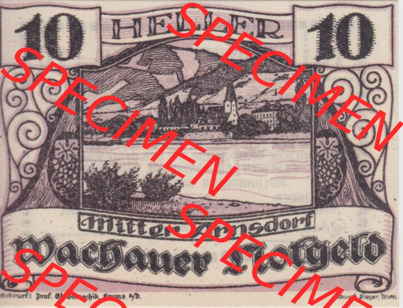 Notgeldscheine Niederösterreich Mitterarnsdorf Wachauer Notgeld 1920, 10 Heller Wachauer Notgeld. Vorderseite des Notgeldscheins im online Katalog auf EMBMV zum katalogisieren der eigenen... Sammlung