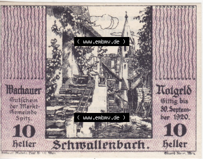 Notgeldscheine Niederösterreich Schwallenbach Wachauer Notgeld 1920, 10 Heller. Vorderseite des Notgeldscheins im online Katalog... Sammlung