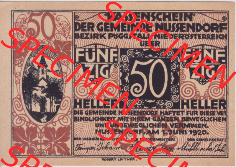 Notgeldscheine Niederösterreich Nussendorf - Artstetten 1920, 50 Heller. Vorderseite des Notgeldscheins im online Katalog auf EMBMV zum katalogisieren der eigenen Sammlung für private... Sammlung