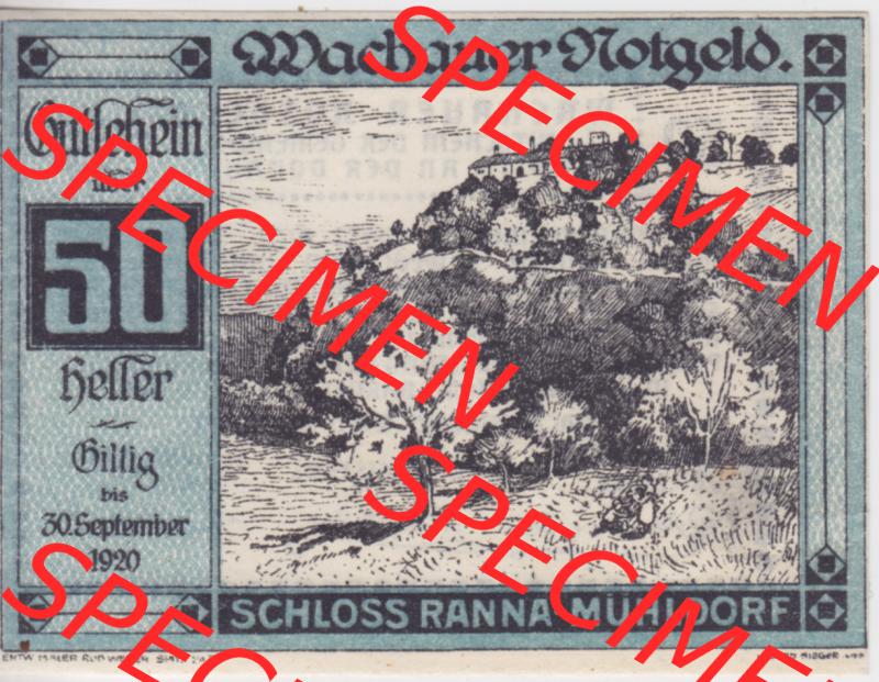 Notgeldscheine Niederösterreich Schloss Ranna-Mühldorf 1920, 50 Heller. Vorderseite des Notgeldscheins im online Katalog auf EMBMV zum katalogisieren der eigenen Sammlung für... Sammlung