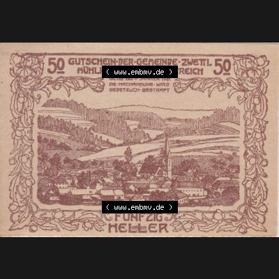 Notgeldscheine Oberösterreich Zwettl Mühlkreis 1920-1921, 50 Heller braun (1). Notgeld Oberösterreich Gemeinde Zwettl Mühlkreis, Notgeldscheine aus Oberösterreich... Sammlung