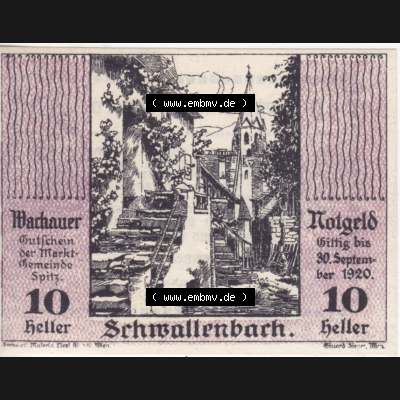 Notgeldscheine Niederösterreich Schwallenbach Wachauer Notgeld 1920, 10 Heller. Vorderseite des Notgeldscheins im online Katalog auf EMBMV zum katalogisieren der eigenen Sammlung für... Sammlung