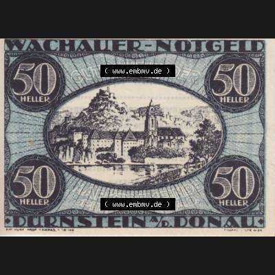 Notgeldscheine Niederösterreich Dürnstein 1920, 50 Heller. Vorderseite des Notgeldscheins im online Katalog auf EMBMV zum katalogisieren der eigenen Sammlung für private Sammler... Sammlung