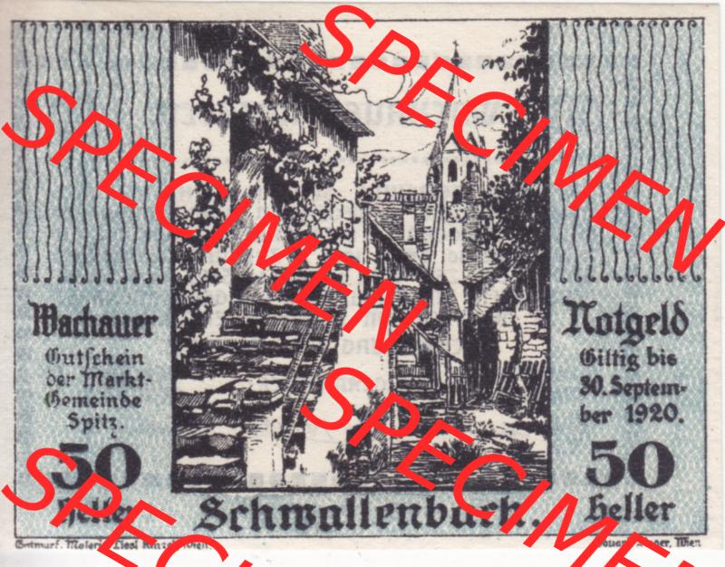 Notgeldscheine Niederösterreich Schwallenbach Wachauer Notgeld 1920, 50 Heller. Vorderseite des Notgeldscheins im online Katalog auf EMBMV zum katalogisieren der eigenen Sammlung für... Sammlung