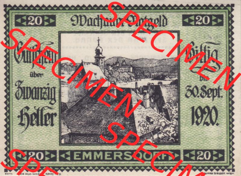 Notgeldscheine Niederösterreich Emmersdorf Wachauer Notgeld 1920, 20 Heller. Vorderseite des Notgeldscheins im online Katalog auf EMBMV zum katalogisieren der eigenen Sammlung für... Sammlung