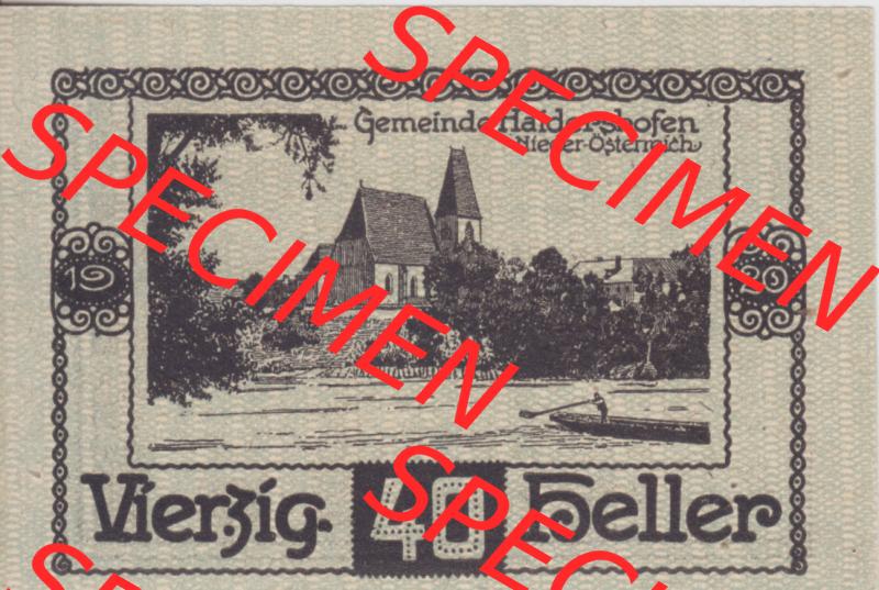 Notgeldscheine Niederösterreich Haidershofen 1920, 40 Heller. Vorderseite des Notgeldscheins im online Katalog auf EMBMV zum katalogisieren der eigenen Sammlung für private Sammler... Sammlung