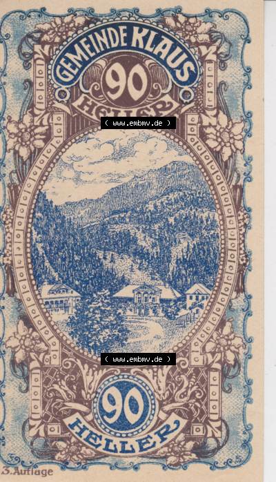Notgeldscheine Vorarlberg Klaus 1920, III 90 Heller, 3. Auflage Ortsansichten (1) Sammlung