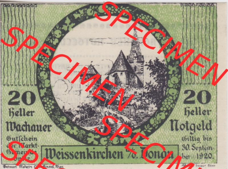 Notgeldscheine Niederösterreich Weissenkirchen in der Wachau, Wachauer Notgeld 1920, 20 Heller. Vorderseite des Notgeldscheins im online Katalog auf EMBMV zum katalogisieren der... Sammlung