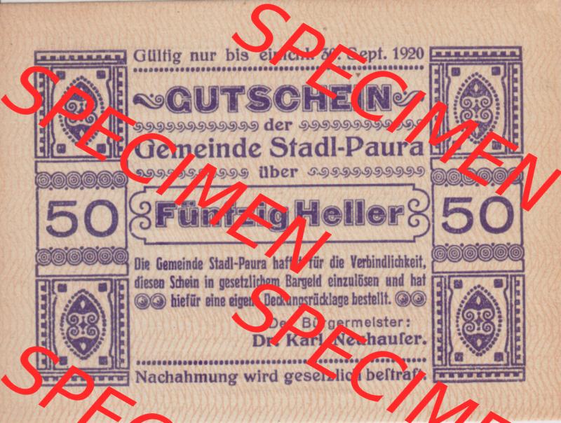 Notgeldscheine Oberösterreich Stadl-Paura 1920, I 50 Heller (1). Notgeld Oberösterreich Stadl-Paura, Notgeldscheine aus Oberösterreich im online Katalog für... Sammlung