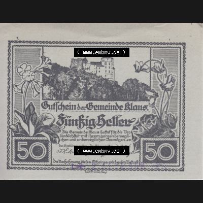 Notgeldscheine Vorarlberg Klaus 1920, 50 Pfennig, 2. Auflage (1) Sammlung