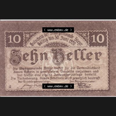Notgeldscheine Oberösterreich Steyr 1919-1920, 10 Heller (1). Notgeld Oberösterreich Steyr, Notgeldscheine aus Oberösterreich im online Katalog für private... Sammlung