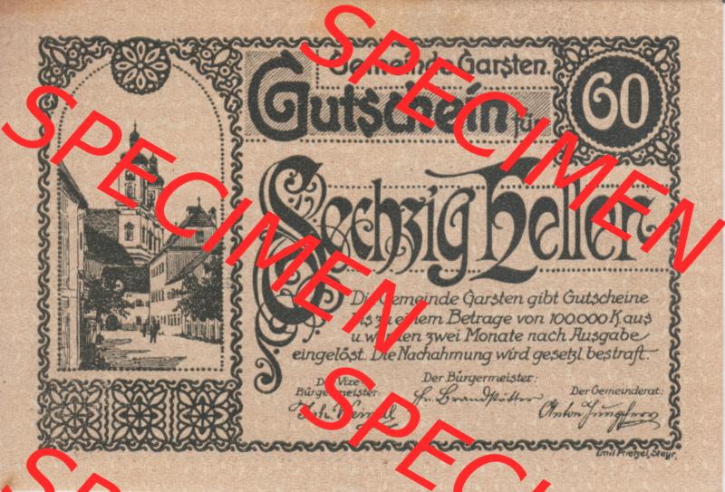 Notgeldscheine Oberösterreich Gemeinde Garsten 60 Heller. Vorderseite des oberösterreichischen Notgeldscheins im online Katalog auf EMBMV zum katalogisieren der eigenen Notgeld-Sammlung... Sammlung
