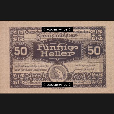 Notgeldscheine Oberösterreich Kremsmünster 1920, 50 Heller. Vorderseite des oberösterreichischen Notgeldscheins im online Katalog auf EMBMV zum katalogisieren der eigenen Notgeld-Sammlung... Sammlung