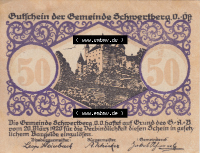 Notgeldscheine Oberösterreich Schwertberg 50 Heller (1). Notgeld Oberösterreich Schwertberg, Notgeldscheine aus Oberösterreich... Sammlung