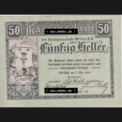 Notgeldscheine Niederösterreich Stadt-Gemeinde Weitra 1920, 50 Heller. Vorderseite des Notgeldscheins im online Katalog auf EMBMV zum katalogisieren der eigenen Sammlung für private... Sammlung