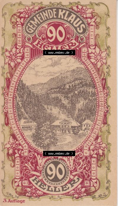 Notgeldscheine Vorarlberg Klaus 1920, I 90 Heller, 3. Auflage Ortsansichten (1) Sammlung