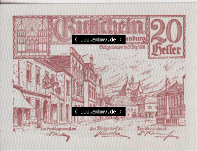 Notgeldscheine Niederösterreich Eggenburg 1920, 20 Heller. Vorderseite des Notgeldscheins im online Katalog auf EMBMV zum katalogisieren... Sammlung