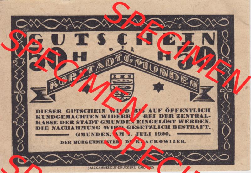 Notgeldscheine Oberösterreich Kurstadt Gmunden 1920, 50 Heller. Vorderseite des oberösterreichischen Notgeldscheins im online Katalog auf EMBMV zum katalogisieren der eigenen Notgeld-Sammlung... Sammlung