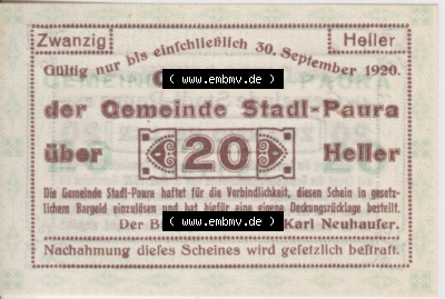 Notgeldscheine Oberösterreich Stadl-Paura 1920, I 20 Heller (1). Notgeld Oberösterreich Stadl-Paura, Notgeldscheine aus Oberösterreich... Sammlung