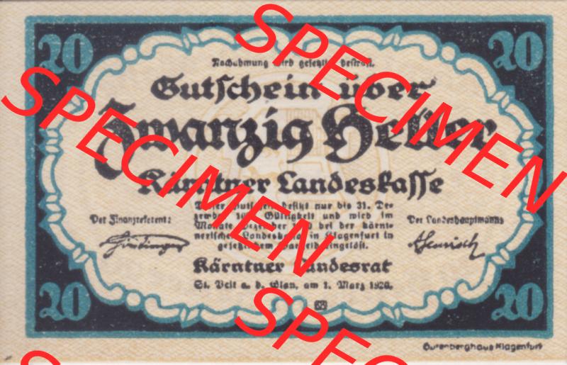 Notgeldscheine Kärnten Kärntner Landeskasse 1920, 20 Heller. Vorderseite des Notgeldscheins im online Katalog auf EMBMV zum katalogisieren der eigenen Sammlung für private Sammler... Sammlung