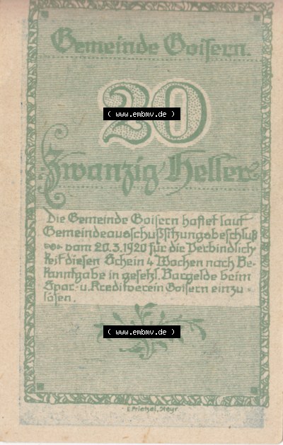 Notgeldscheine Oberösterreich Gemeinde Goisern 20 Heller. Vorderseite des oberösterreichischen Notgeldscheins im online Katalog... Sammlung