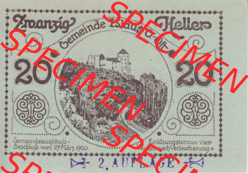 Notgeldscheine Vorarlberg Klaus 1920, 20 Heller in Grün, 2. Auflage (1) Sammlung