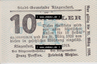 Notgeldscheine Kärnten Klagenfurt 10 Heller. Vorderseite des Notgeldscheins im online Katalog auf EMBMV zum katalogisieren der... Sammlung