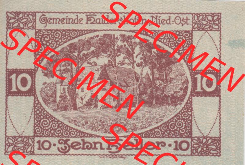 Notgeldscheine Niederösterreich Haidershofen 1920, 10 Heller. Vorderseite des Notgeldscheins im online Katalog auf EMBMV zum katalogisieren der eigenen Sammlung für private Sammler... Sammlung