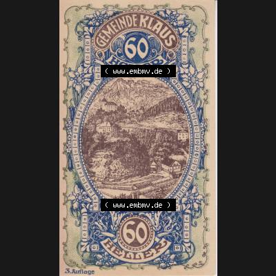 Notgeldscheine Vorarlberg Klaus 1920, I 60 Heller, 3. Auflage Ortsansichten (1) Sammlung