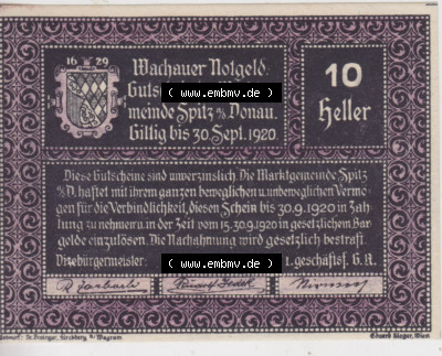 Notgeldscheine Niederösterreich Spitz Wachauer Notgeld 1920, 10 Heller. Vorderseite des Notgeldscheins im online Katalog auf... Sammlung