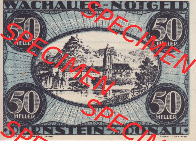Notgeldscheine Niederösterreich Dürnstein 1920, 50 Heller. Vorderseite des Notgeldscheins im online Katalog auf EMBMV zum katalogisieren der eigenen Sammlung für private Sammler... Sammlung