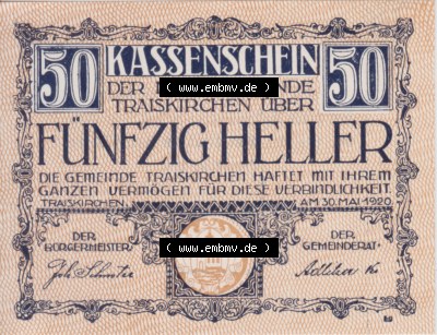 Notgeldscheine Niederösterreich Gemeinde Traiskirchen 1920, 50 Heller I. Vorderseite des Notgeldscheins im online Katalog auf... Sammlung