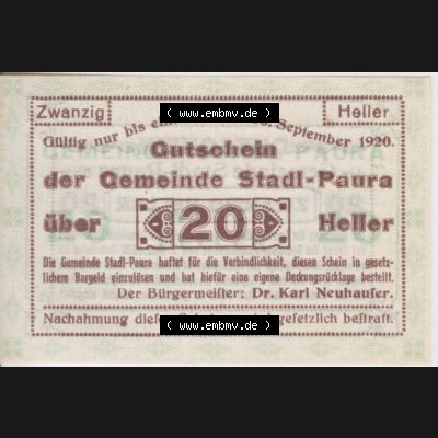 Notgeldscheine Oberösterreich Stadl-Paura 1920, I 20 Heller (1). Notgeld Oberösterreich Stadl-Paura, Notgeldscheine aus Oberösterreich im online Katalog für... Sammlung