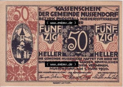 Notgeldscheine Niederösterreich Nussendorf - Artstetten 1920, 50 Heller. Vorderseite des Notgeldscheins im online Katalog auf... Sammlung