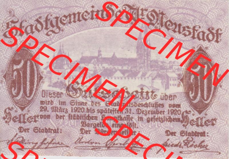 Notgeldscheine Niederösterreich Wiener-Neustadt, Stadt-Gemeinde 1920, 50 Heller. Vorderseite des Notgeldscheins im online Katalog auf EMBMV zum katalogisieren der eigenen Sammlung... Sammlung