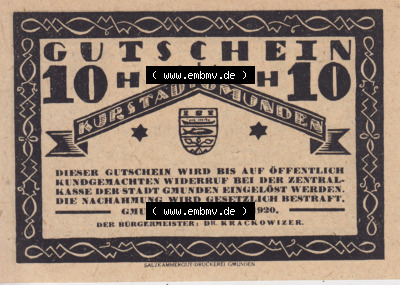 Notgeldscheine Oberösterreich Kurstadt Gmunden 1920, 10 Heller. Vorderseite des oberösterreichischen Notgeldscheins im online... Sammlung