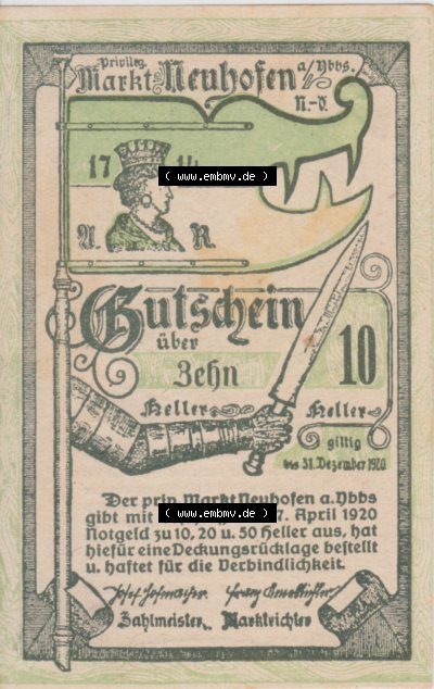 Notgeldscheine Niederösterreich Neuhofen an der Ybbs 10 Heller. Vorderseite des Notgeldscheins im online Katalog auf EMBMV zum... Sammlung