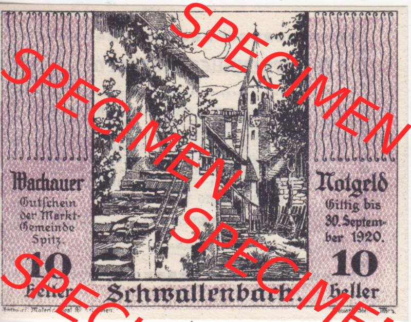 Notgeldscheine Niederösterreich Schwallenbach Wachauer Notgeld 1920, 10 Heller. Vorderseite des Notgeldscheins im online Katalog auf EMBMV zum katalogisieren der eigenen Sammlung für... Sammlung