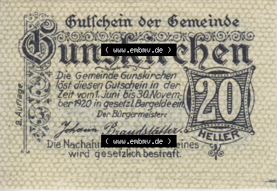 Notgeldscheine Oberösterreich Gunskirchen, Gemeinde 1920, 20 Heller. Vorderseite des oberösterreichischen Notgeldscheins im... Sammlung