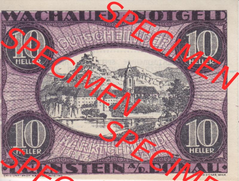 Notgeldscheine Niederösterreich Dürnstein 1920, 10 Heller. Vorderseite des Notgeldscheins im online Katalog auf EMBMV zum katalogisieren der eigenen Sammlung für private Sammler... Sammlung