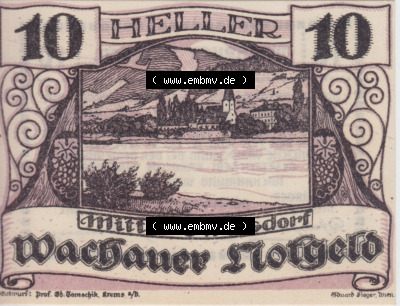 Notgeldscheine Niederösterreich Mitterarnsdorf Wachauer Notgeld 1920, 10 Heller Wachauer Notgeld. Vorderseite des Notgeldscheins... Sammlung