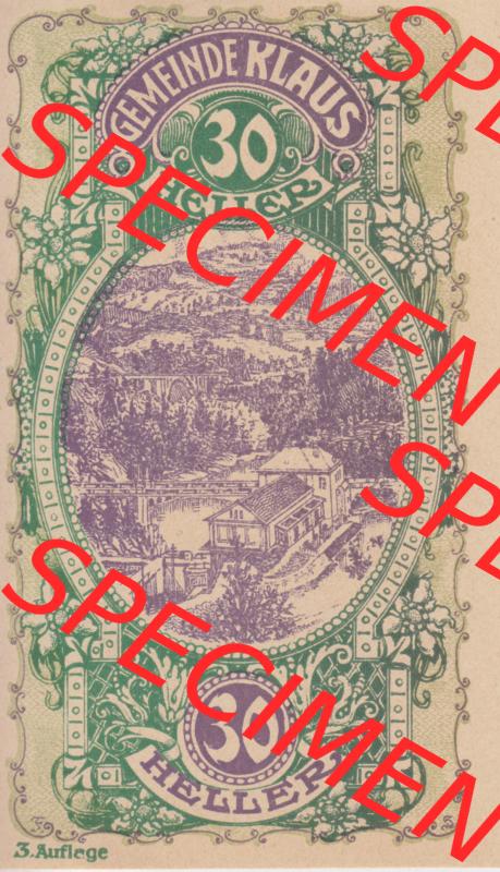 Notgeldscheine Vorarlberg Klaus 1920, III 30 Heller, 3. Auflage Ortsansichten (1) Sammlung