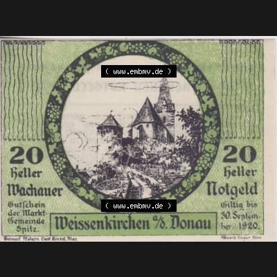 Notgeldscheine Niederösterreich Weissenkirchen in der Wachau, Wachauer Notgeld 1920, 20 Heller. Vorderseite des Notgeldscheins im online Katalog auf EMBMV zum katalogisieren der... Sammlung