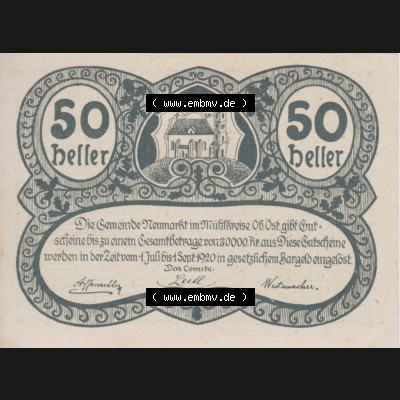 Notgeldscheine Oberösterreich Neumarkt im Mühlkreis 1920, 50 Heller (1). Notgeld Oberösterreich Neumarkt im Mühlkreis, Notgeldscheine aus Oberösterreich... Sammlung