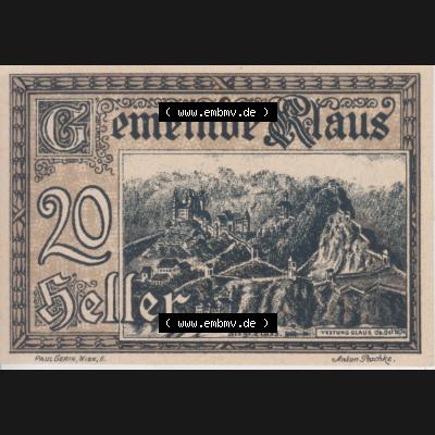 Notgeldscheine Vorarlberg Klaus 20-heller (1) Sammlung