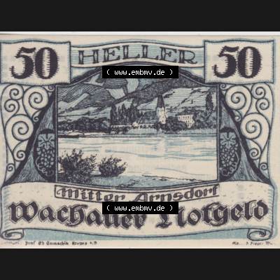 Notgeldscheine Niederösterreich Mitterarnsdorf Wachauer Notgeld 1920, 50 Heller Wachauer Notgeld. Vorderseite des Notgeldscheins im online Katalog auf EMBMV zum katalogisieren der eigenen... Sammlung